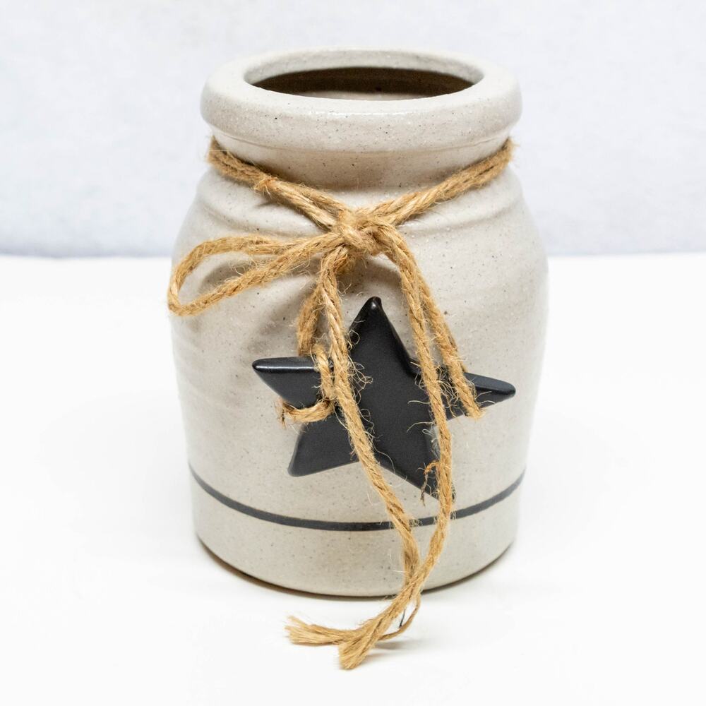 Farmhouse Stoneware Jar Decor with Twine Bow and Star Primitive Pottery Crock